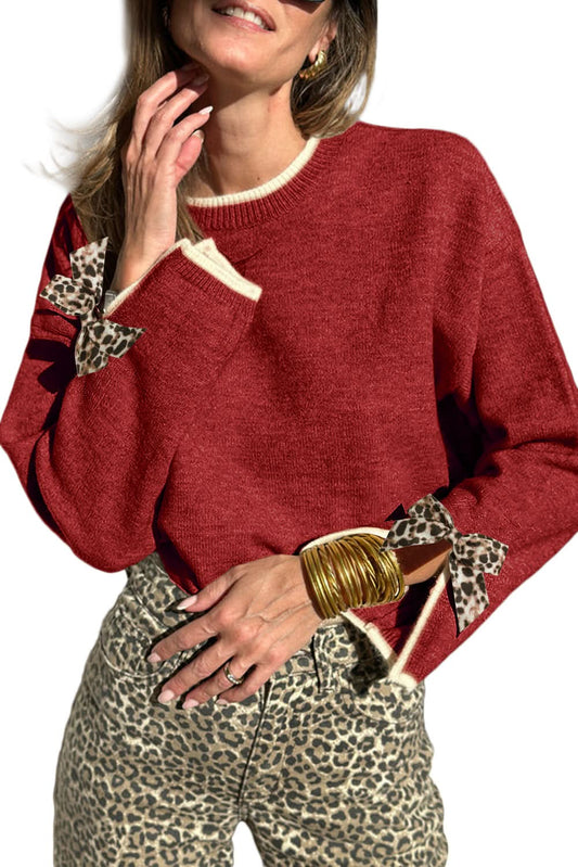 Racing Red Leopard Bow Decor Split Cuffs Contrast Trim Sweater Racing Red 75%Polyester+20%Acrylic+5%Polyamide