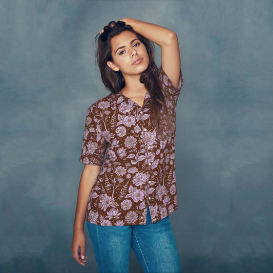 Hawaiian Shirt — Unisex Vintage Brown Floral Aloha Button‑Down