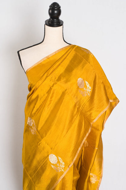 Geeta : Golden Yellow & Gold Banarasi Katan Silk Saree | Lightweight Bridal Wear