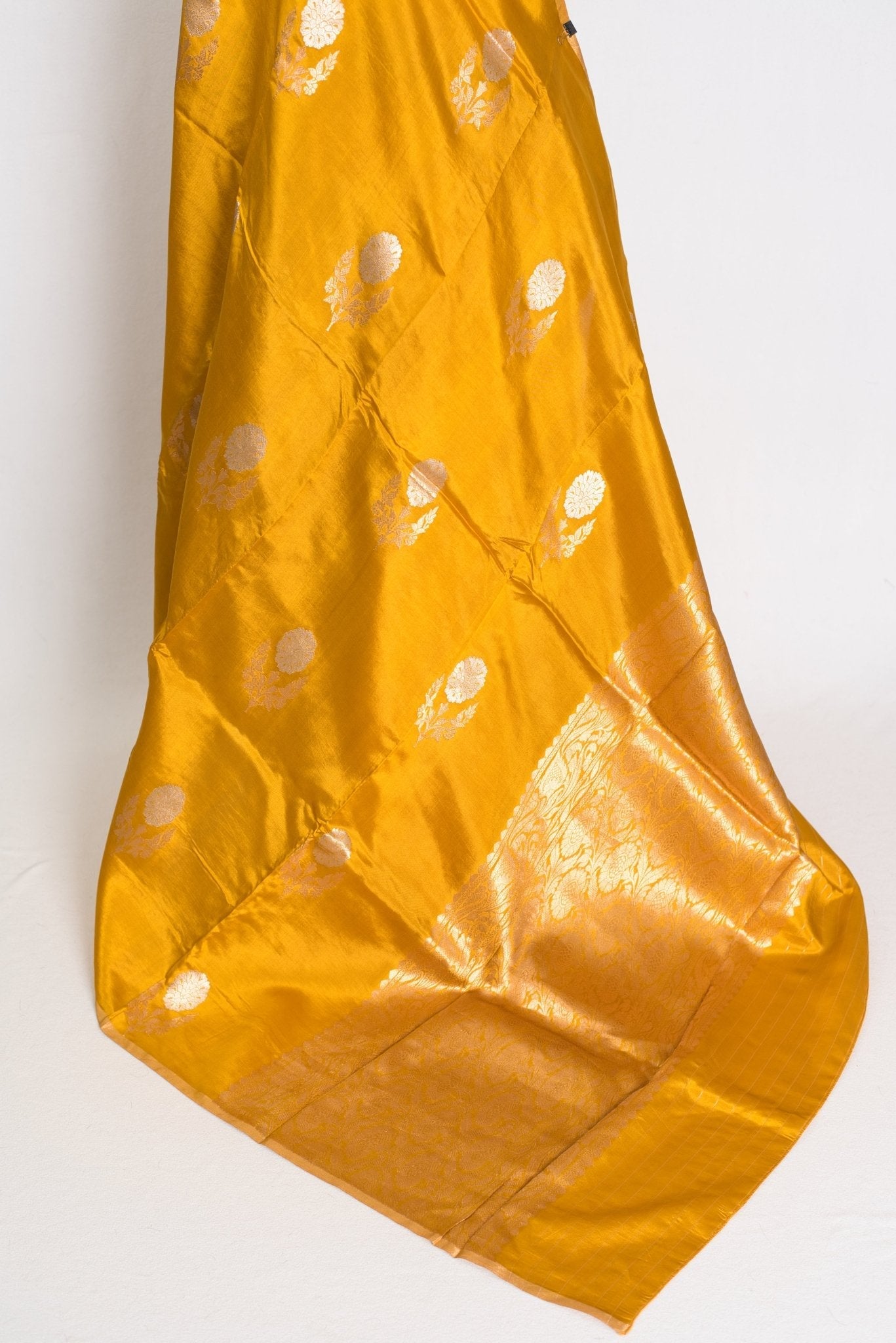Geeta : Golden Yellow & Gold Banarasi Katan Silk Saree | Lightweight Bridal Wear