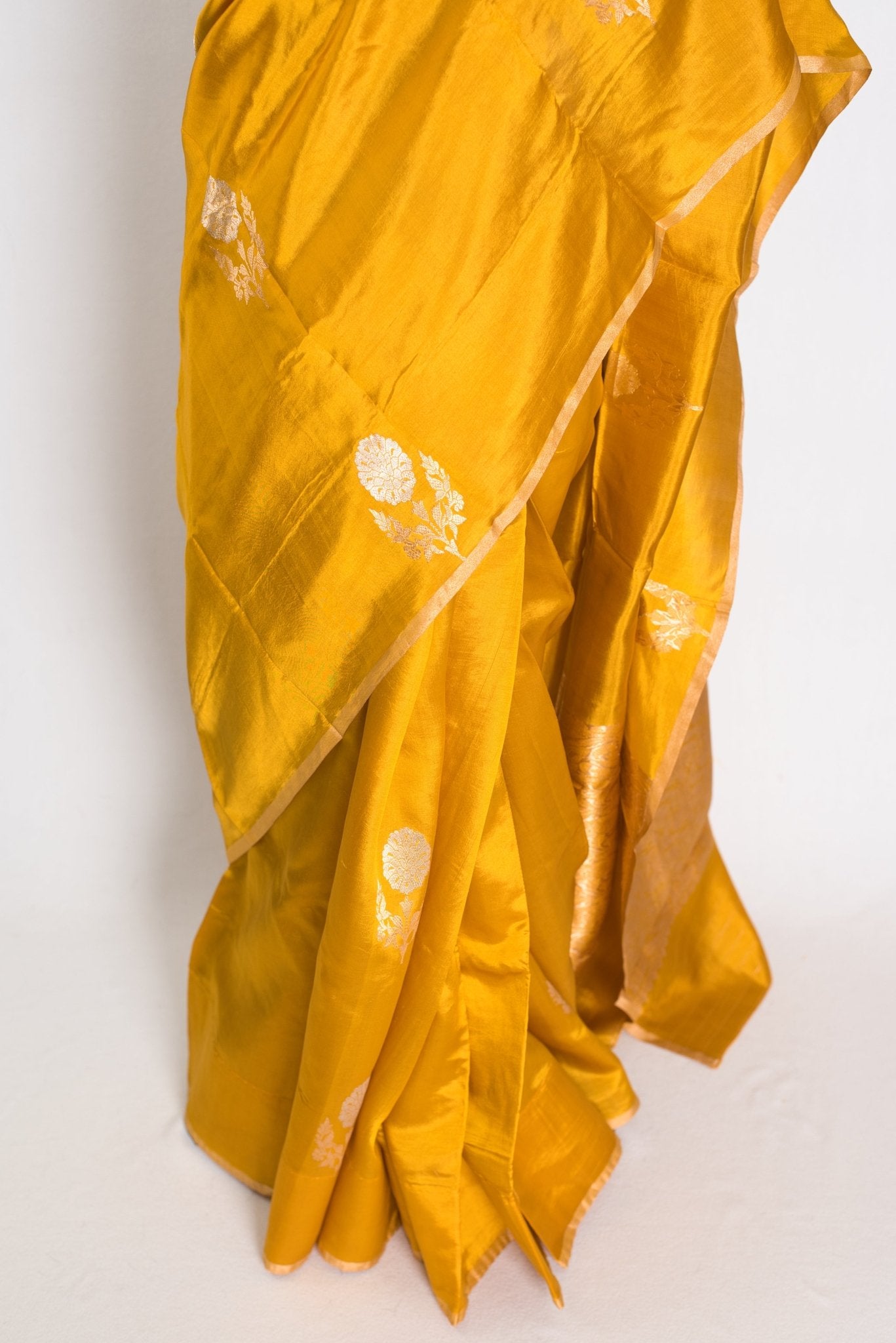 Geeta : Golden Yellow & Gold Banarasi Katan Silk Saree | Lightweight Bridal Wear