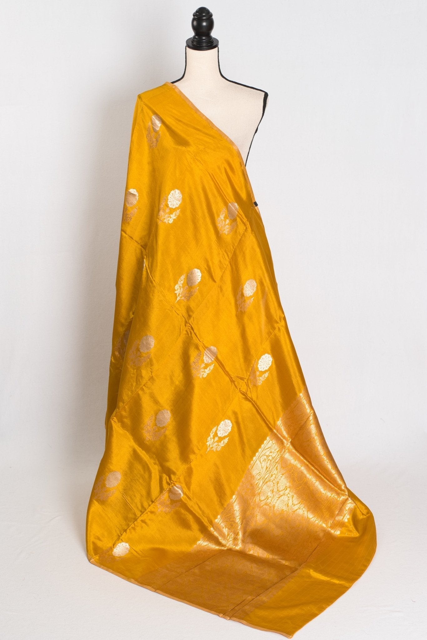 Geeta : Golden Yellow & Gold Banarasi Katan Silk Saree | Lightweight Bridal Wear