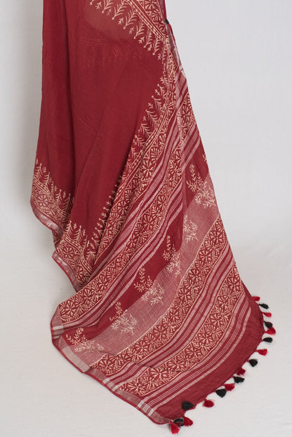 Gitanjali: Rust Brown Hand Block Printed Saree | Soft Linen Cotton
