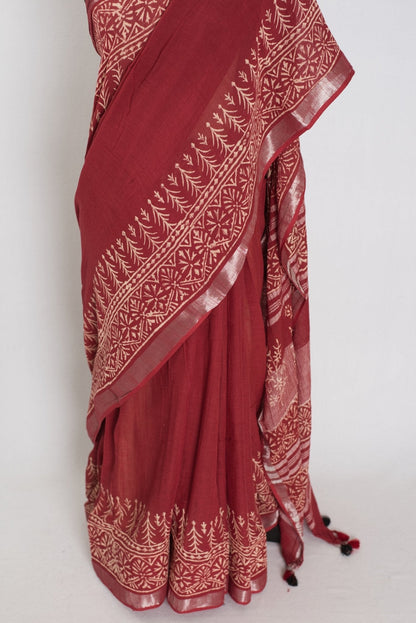 Gitanjali: Rust Brown Hand Block Printed Saree | Soft Linen Cotton