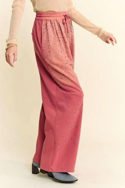 Trendsi Rhinestone Wide Leg Pants Women's Party/Club Trousers Adjustable Drawstring