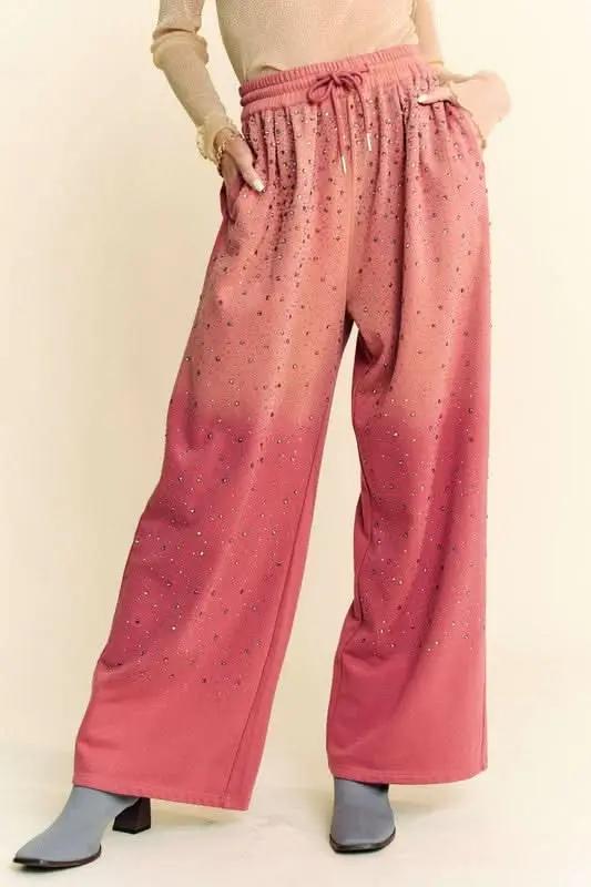 Trendsi Rhinestone Wide Leg Pants Women's Party/Club Trousers Adjustable Drawstring Deep Rose S