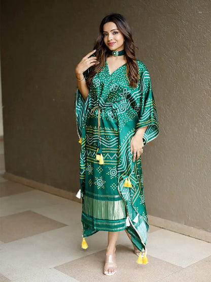 Elegant Green Bandhej Print Pure Gaji Silk Kaftan with Golden Patta