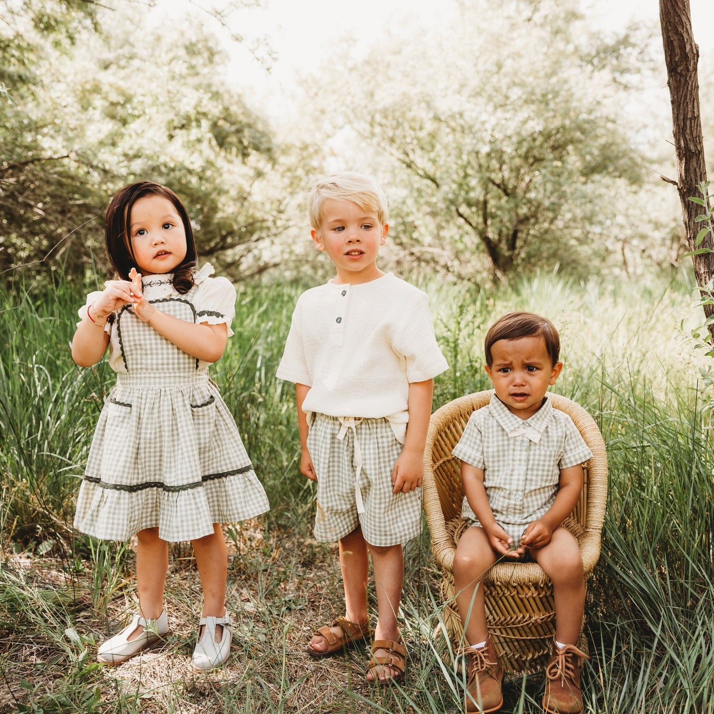 Green Gingham Pinafore Set | Girls' Embroidered Blouse & Dress