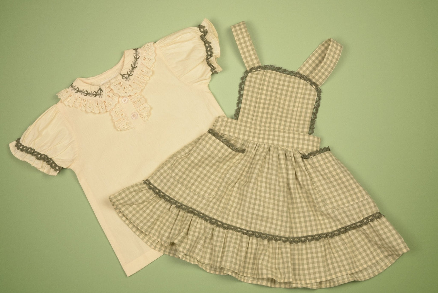 Green Gingham Pinafore Set | Girls' Embroidered Blouse & Dress
