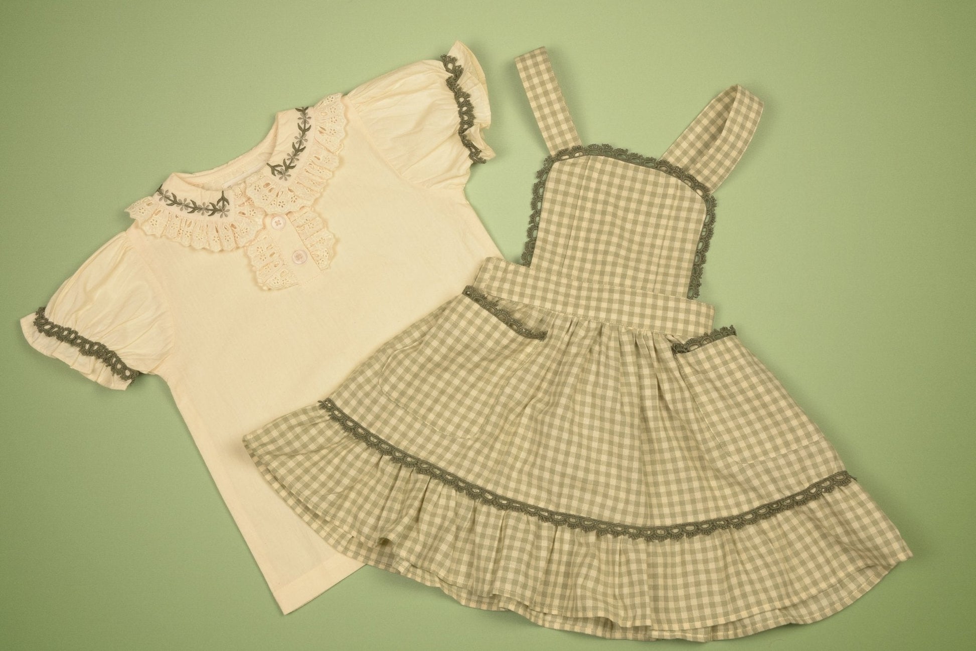 Green Gingham Pinafore Set | Girls' Embroidered Blouse & Dress