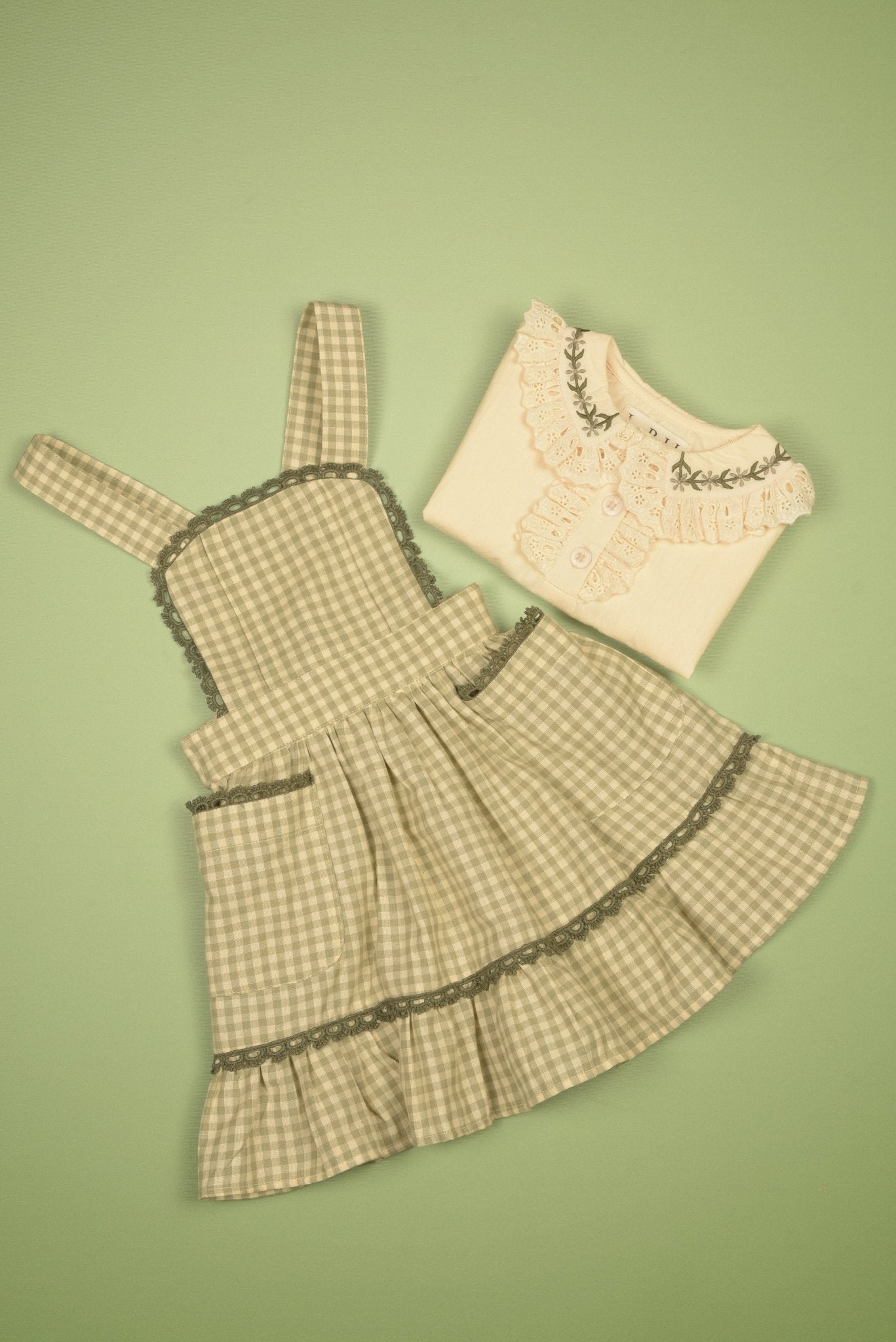 Green Gingham Pinafore Set | Girls' Embroidered Blouse & Dress