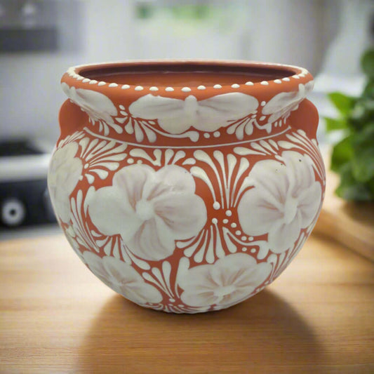 Handcrafted Talavera Flower Pot | Terracotta & White Design