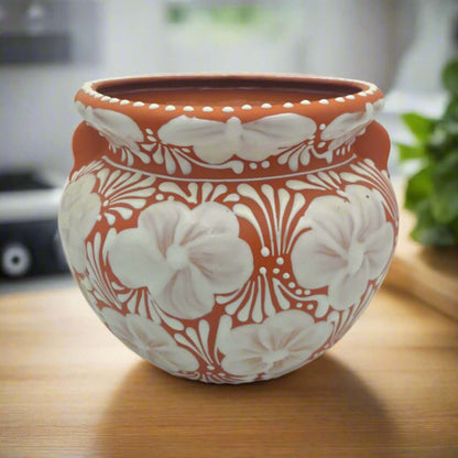 Handcrafted Talavera Flower Pot | Terracotta & White Design Floral