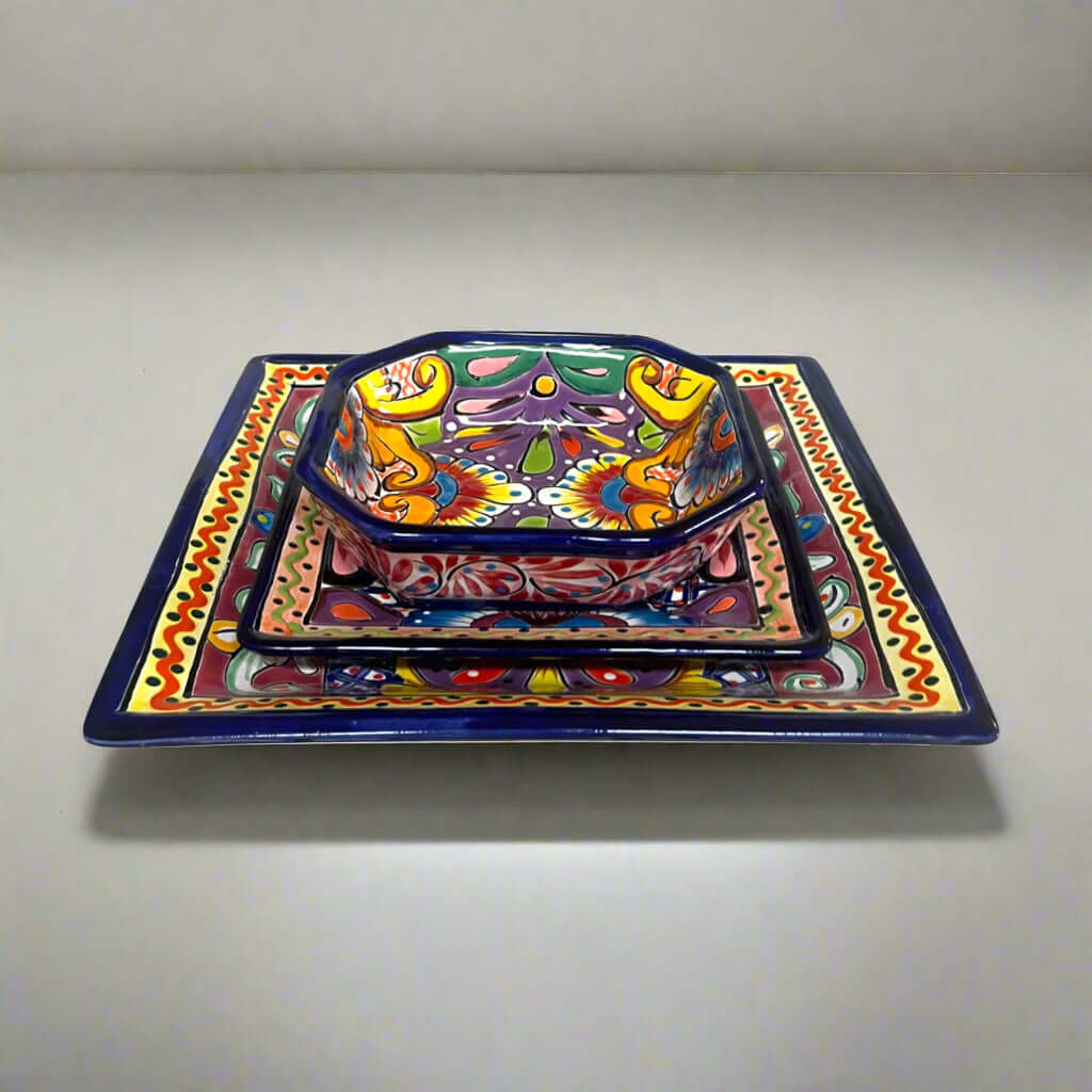 Talavera Square Dinnerware Set | 16-Piece Mexican Pottery Set