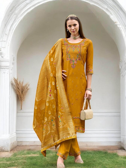 Linen silk Kurti set with banarasi dupatta 42 Indian Xl US M