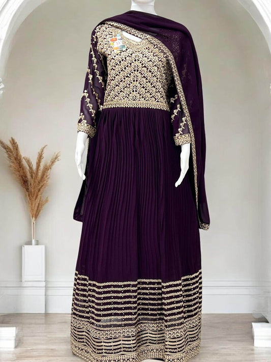 Heavy embroidery work long Kurti Wine