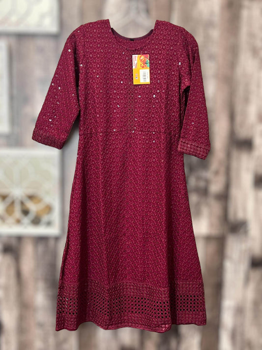 Chikankari kurtis for girls : wine color Wine
