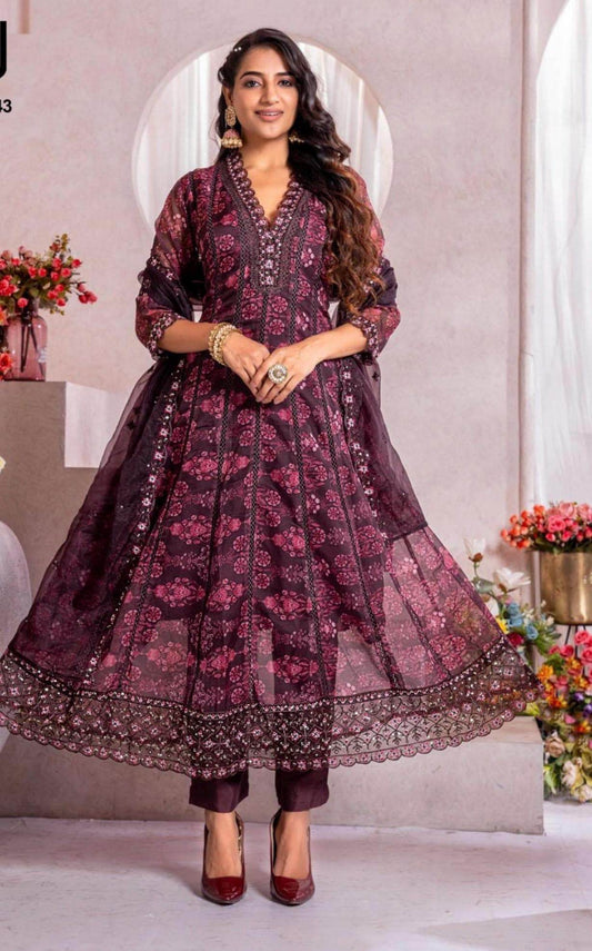 Soft organza salwar suit / plus size Kurtis Wine