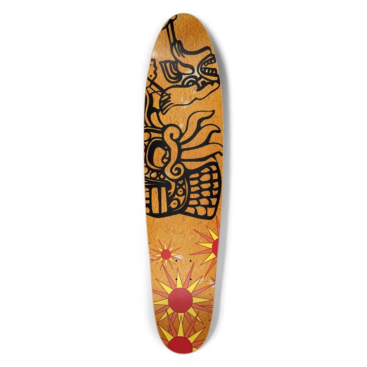 Heraldic sun motif longboard deck