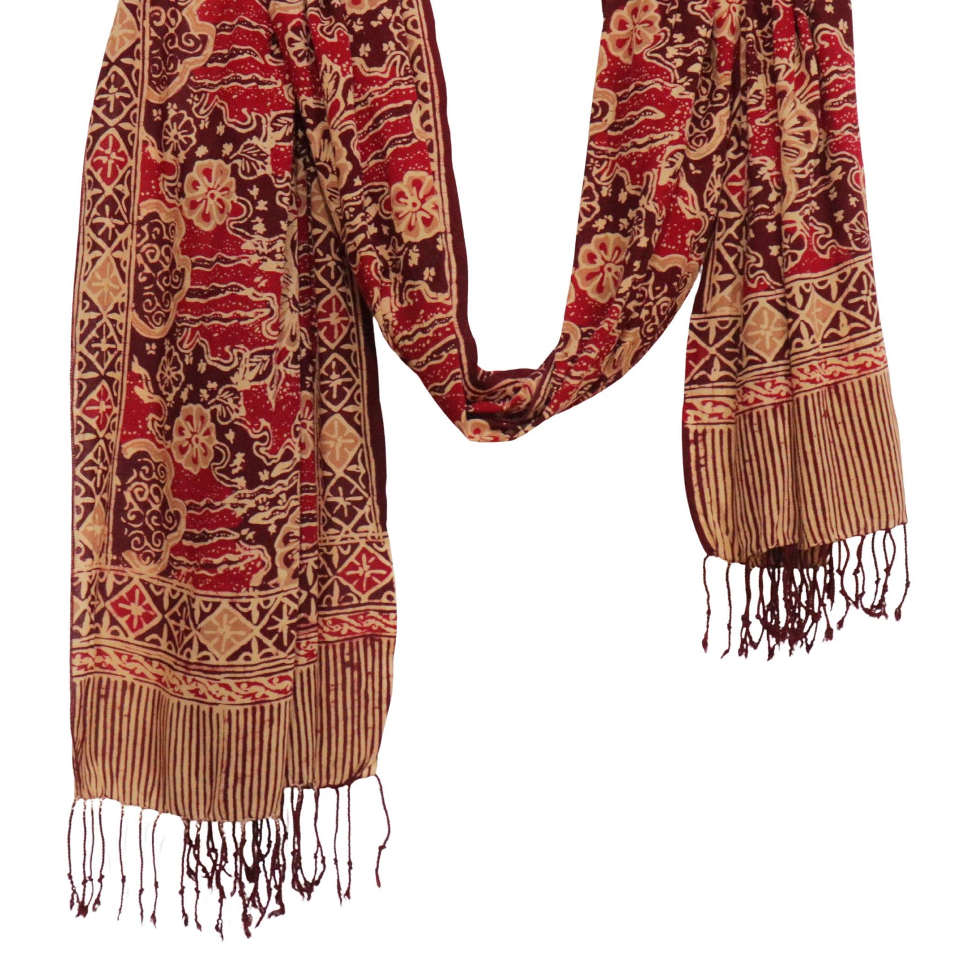 Handmade Batik Scarf, Soft Cotton, Sunlit Garden, Red Burgundy