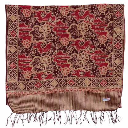 Handmade Batik Scarf, Soft Cotton, Sunlit Garden, Red Burgundy