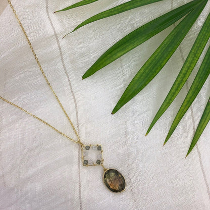 Labradorite Pendant Necklace Brass Wire Wrap Glass Beads Minimal Healing Aura