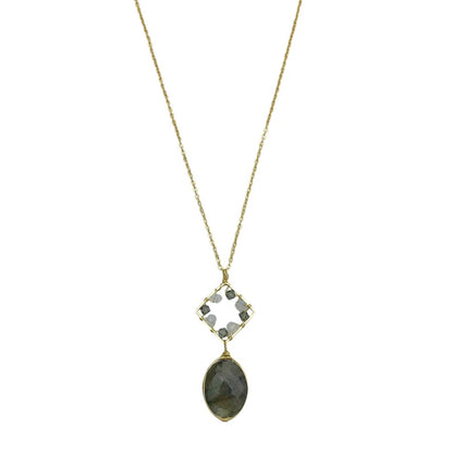 Labradorite Pendant Necklace Brass Wire Wrap Glass Beads Minimal Healing Aura