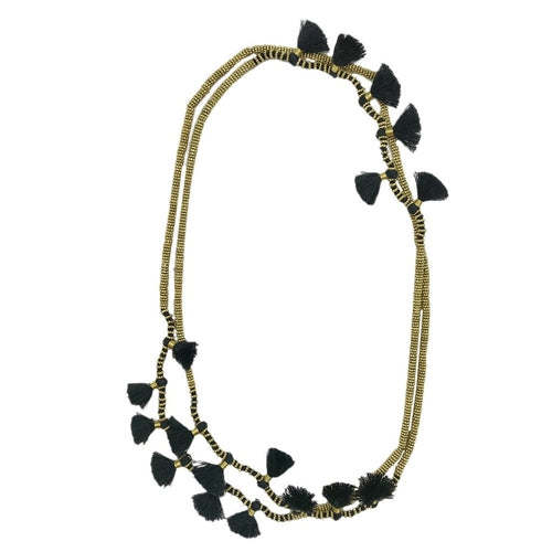 Long Cotton Tassel Necklace 23" Handmade Boho Indian Style Zinc Alloy Beads Black