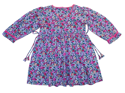 Long Sleeves Pink Bloom Overlap Girl's Cotton Dress