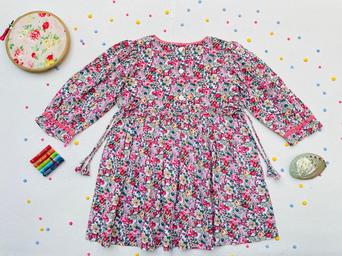 Long Sleeves Pink Bloom Overlap Girl's Cotton Dress