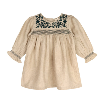 Meadow Breeze Linen Embroidered Oasis Dress | Girls' Smocked Linen Dress