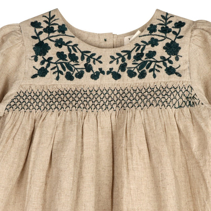Meadow Breeze Linen Embroidered Oasis Dress | Girls' Smocked Linen Dress