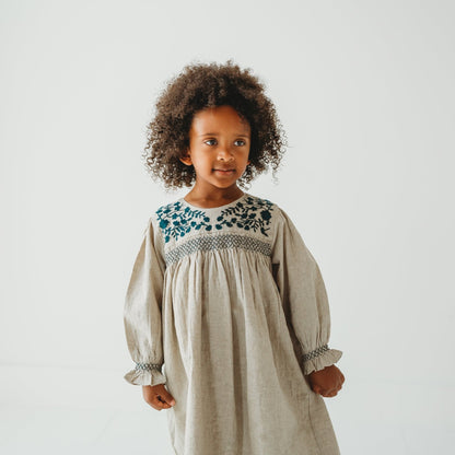 Meadow Breeze Linen Embroidered Oasis Dress | Girls' Smocked Linen Dress