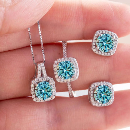 Moissanite D Color Round Cut 925 Sterling Silver Pendant Necklace and Studs Set sky blue