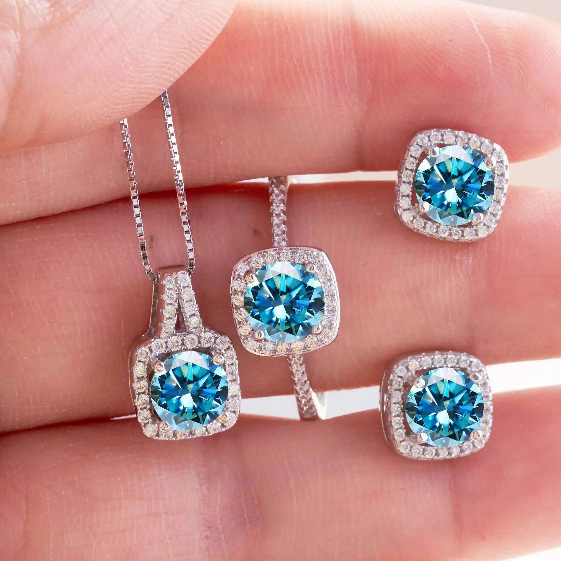 Moissanite D Color Round Cut 925 Sterling Silver Pendant Necklace and Studs Set