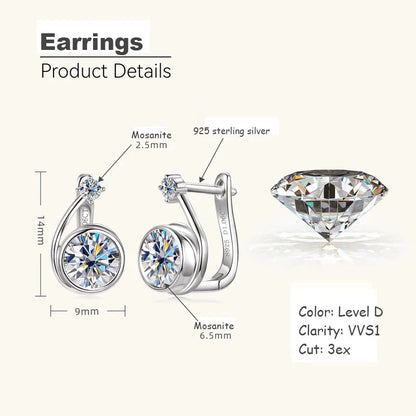 Moissanite Clip Hoop Earrings 925 Sterling Silver D-Color White Round Cut silver