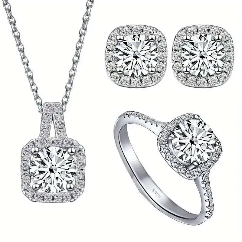 Moissanite D Color Round Cut 925 Sterling Silver Pendant Necklace and Studs Set white7