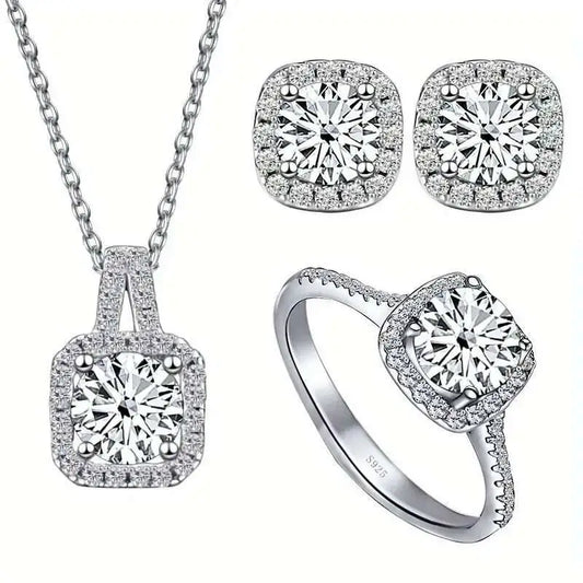 Moissanite D Color Round Cut 925 Sterling Silver Pendant Necklace and Studs Set white7