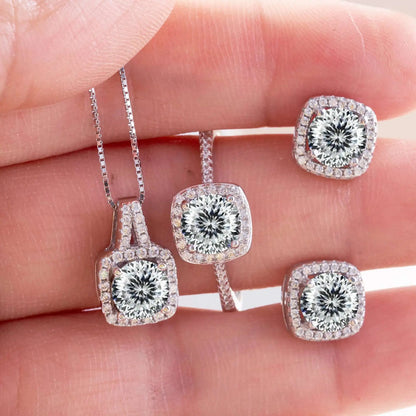 Moissanite D Color Round Cut 925 Sterling Silver Pendant Necklace and Studs Set baiqie