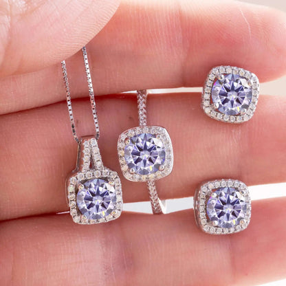 Moissanite D Color Round Cut 925 Sterling Silver Pendant Necklace and Studs Set light purple