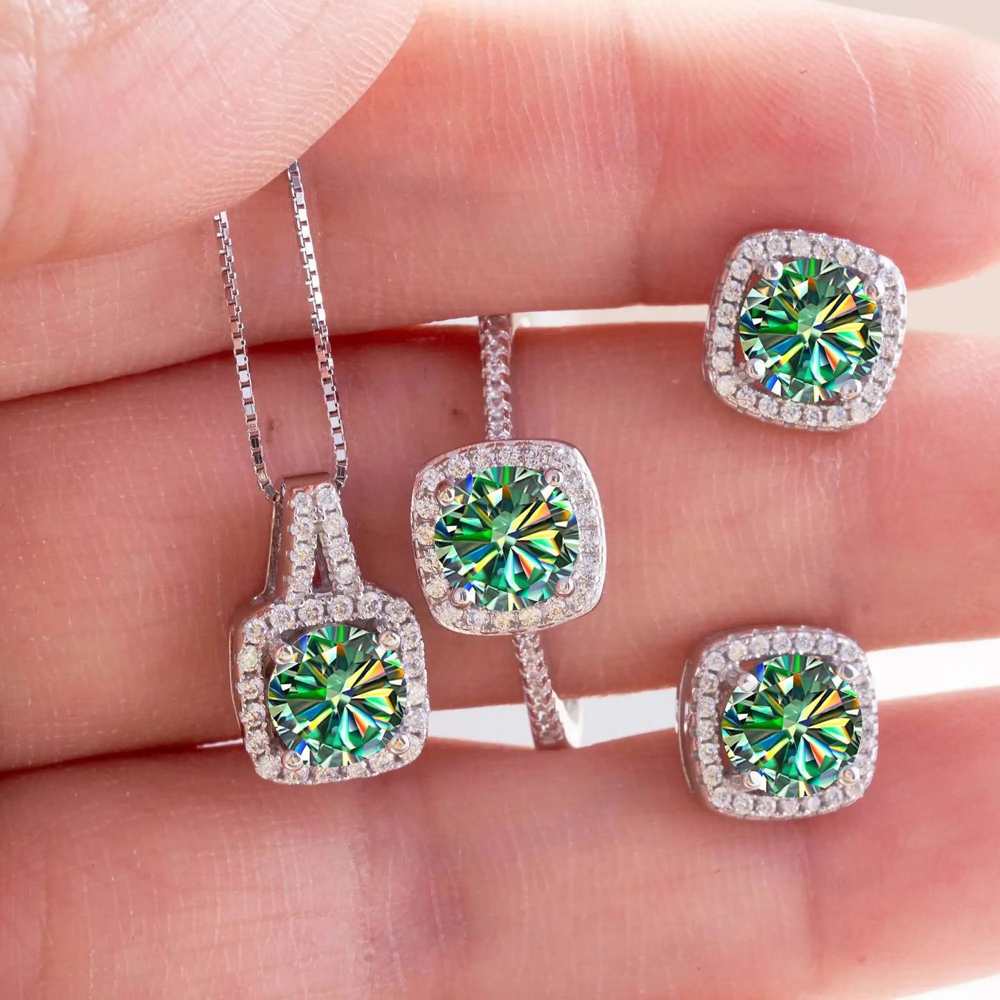 Moissanite D Color Round Cut 925 Sterling Silver Pendant Necklace and Studs Set green 1