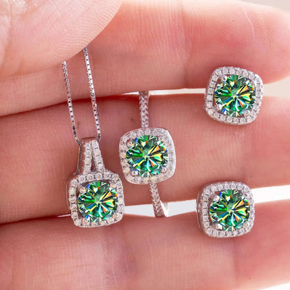 Moissanite D Color Round Cut 925 Sterling Silver Pendant Necklace and Studs Set green 1