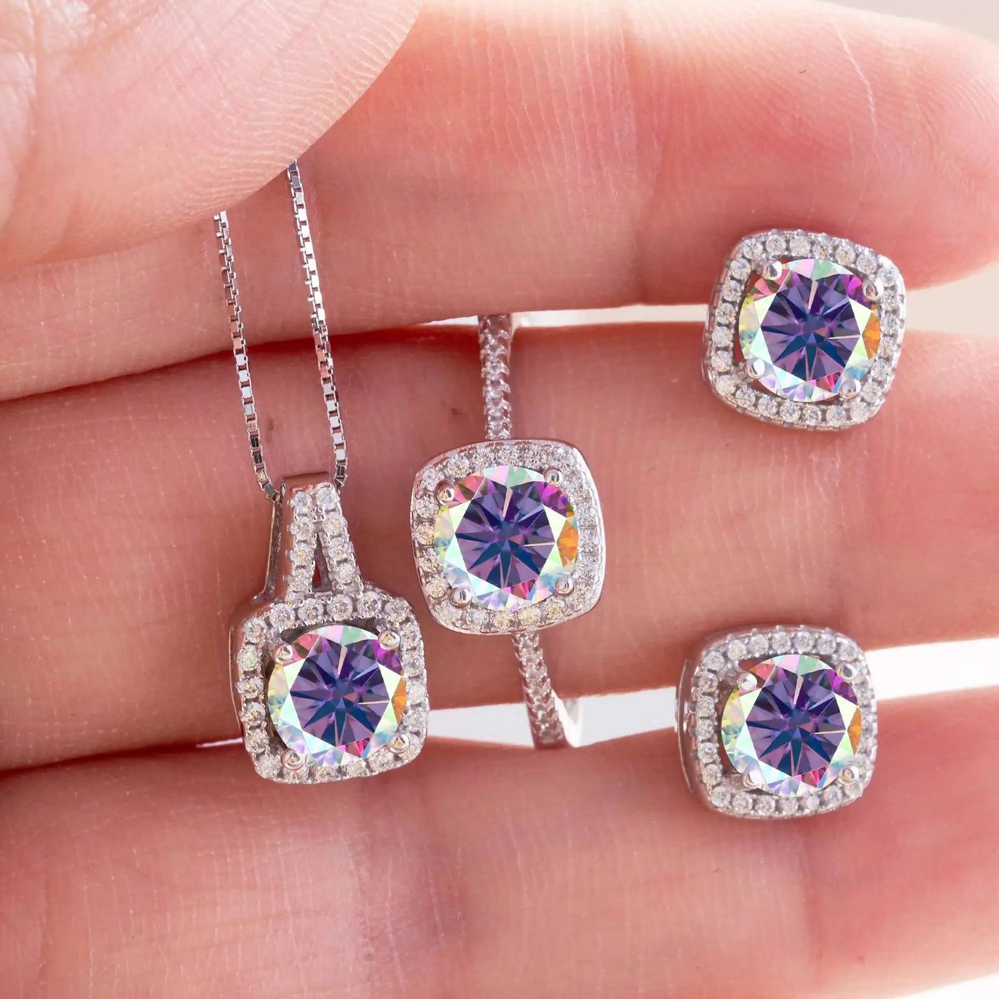 Moissanite D Color Round Cut 925 Sterling Silver Pendant Necklace and Studs Set purple multicolor