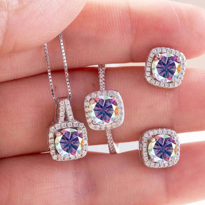 Moissanite D Color Round Cut 925 Sterling Silver Pendant Necklace and Studs Set purple multicolor