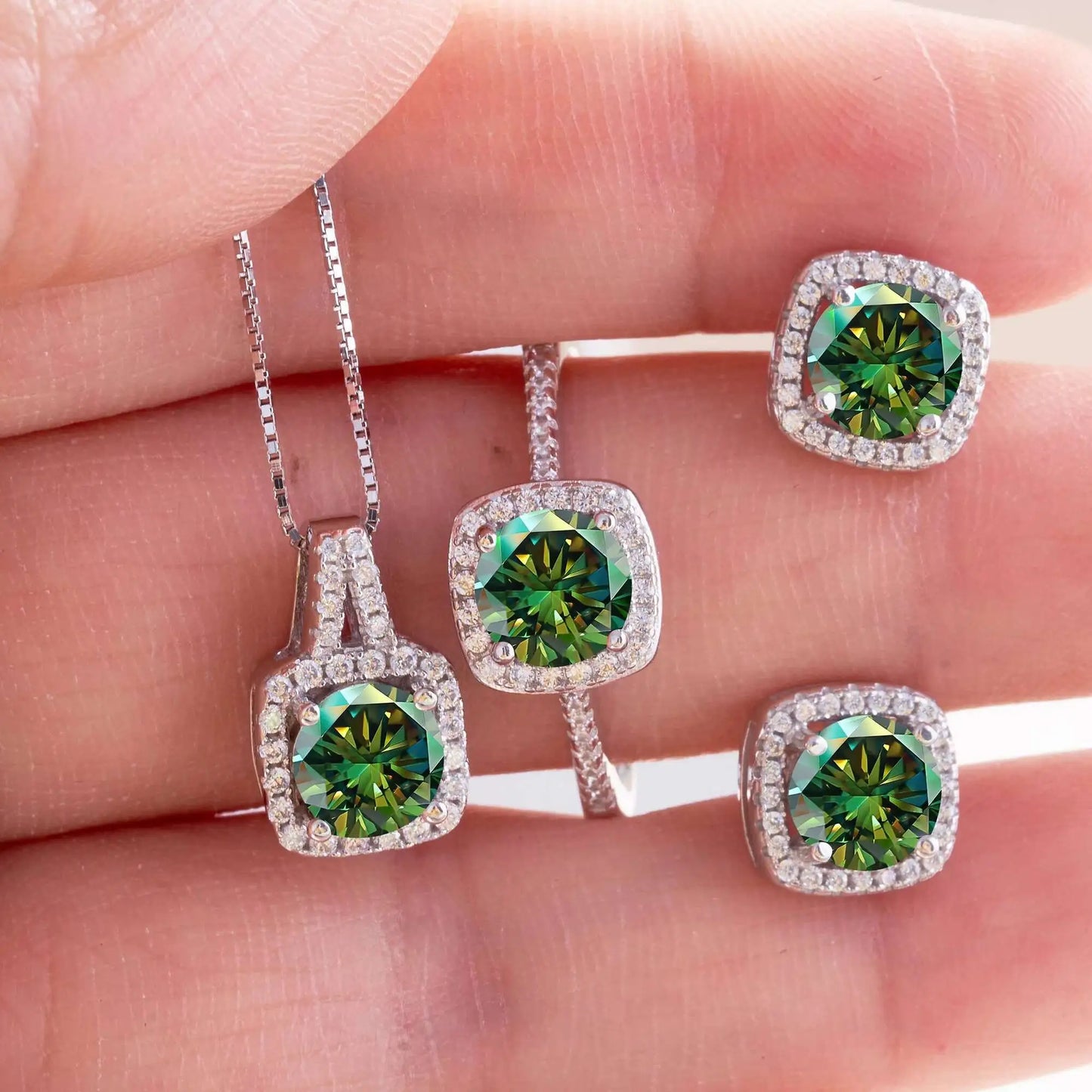 Moissanite D Color Round Cut 925 Sterling Silver Pendant Necklace and Studs Set green