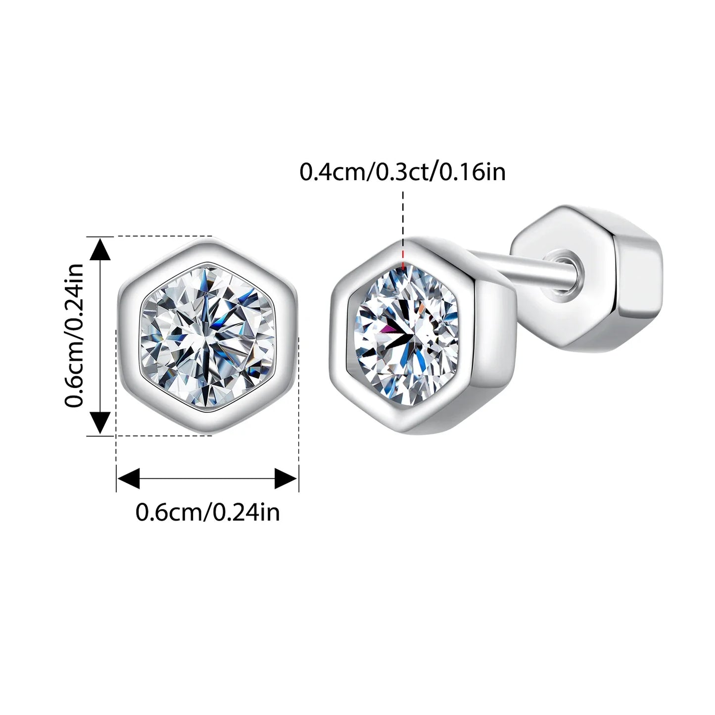 Moissanite Hexagonal Stud Earrings 925 Silver Screw-Back Bezel Gift hexagon stud