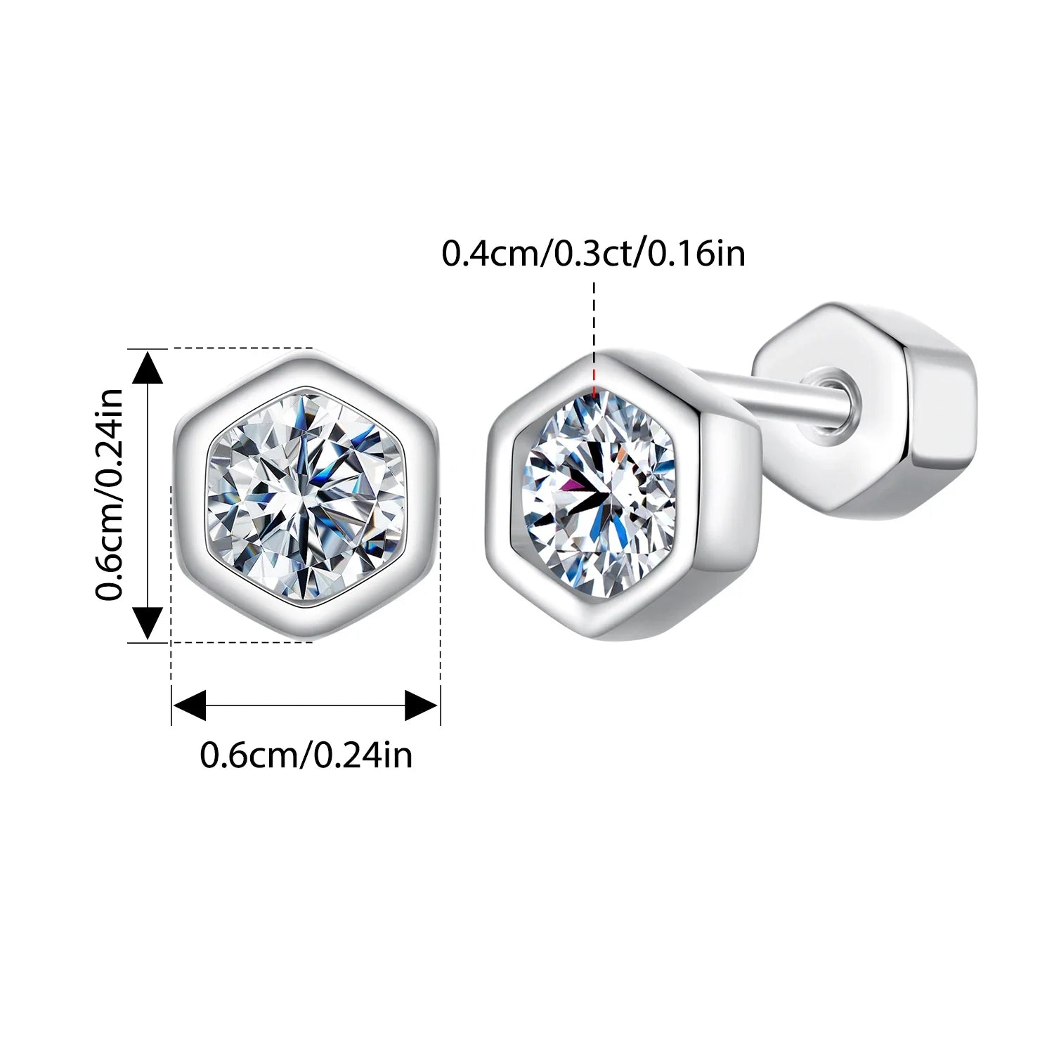 Moissanite Hexagonal Stud Earrings 925 Silver Screw-Back Bezel Gift hexagon stud
