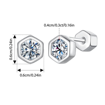 Moissanite Hexagonal Stud Earrings 925 Silver Screw-Back Bezel Gift hexagon stud