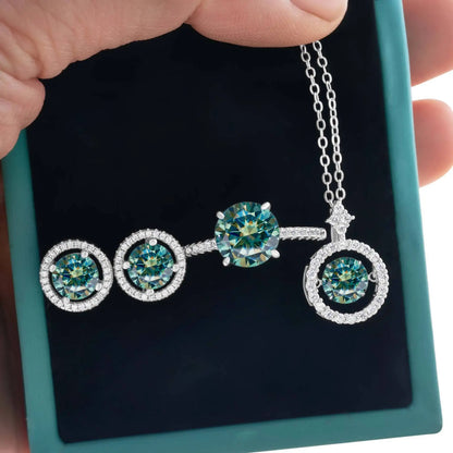 4Ct D Color Moissanite 925 Sterling Jewelry Set Ring Necklace Earrings blue green