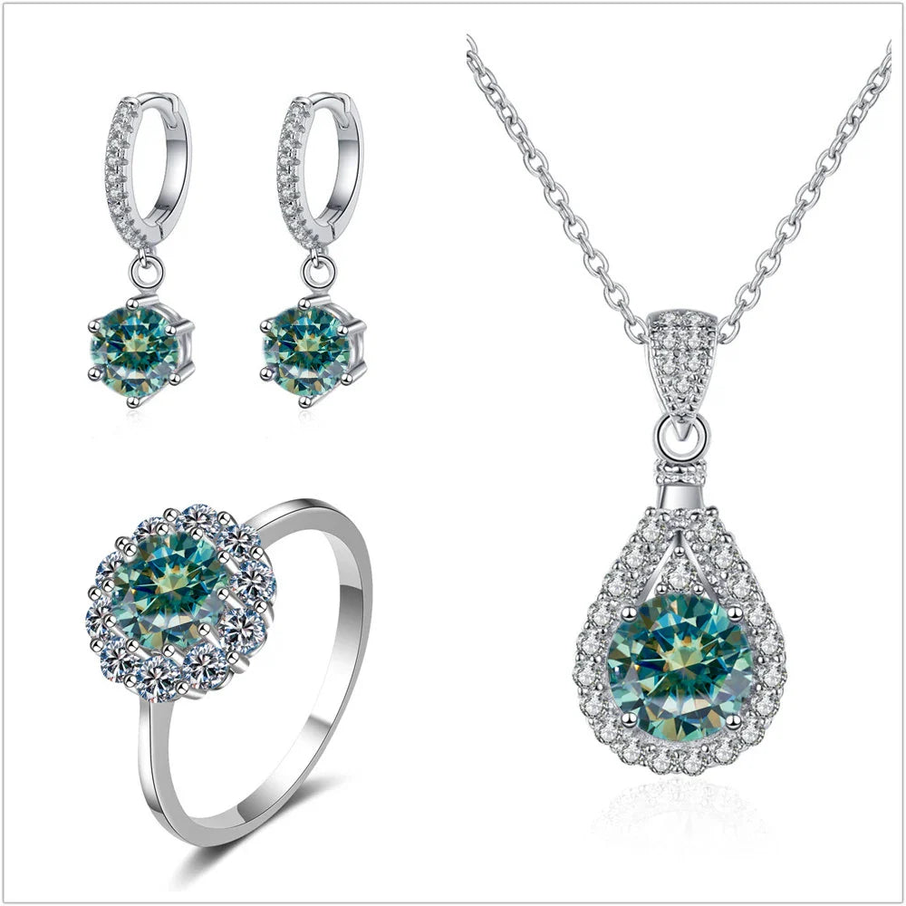 Moissanite Jewelry Set 925 Sterling Silver Ring Earring Pendant Necklace Bridal blue green silver